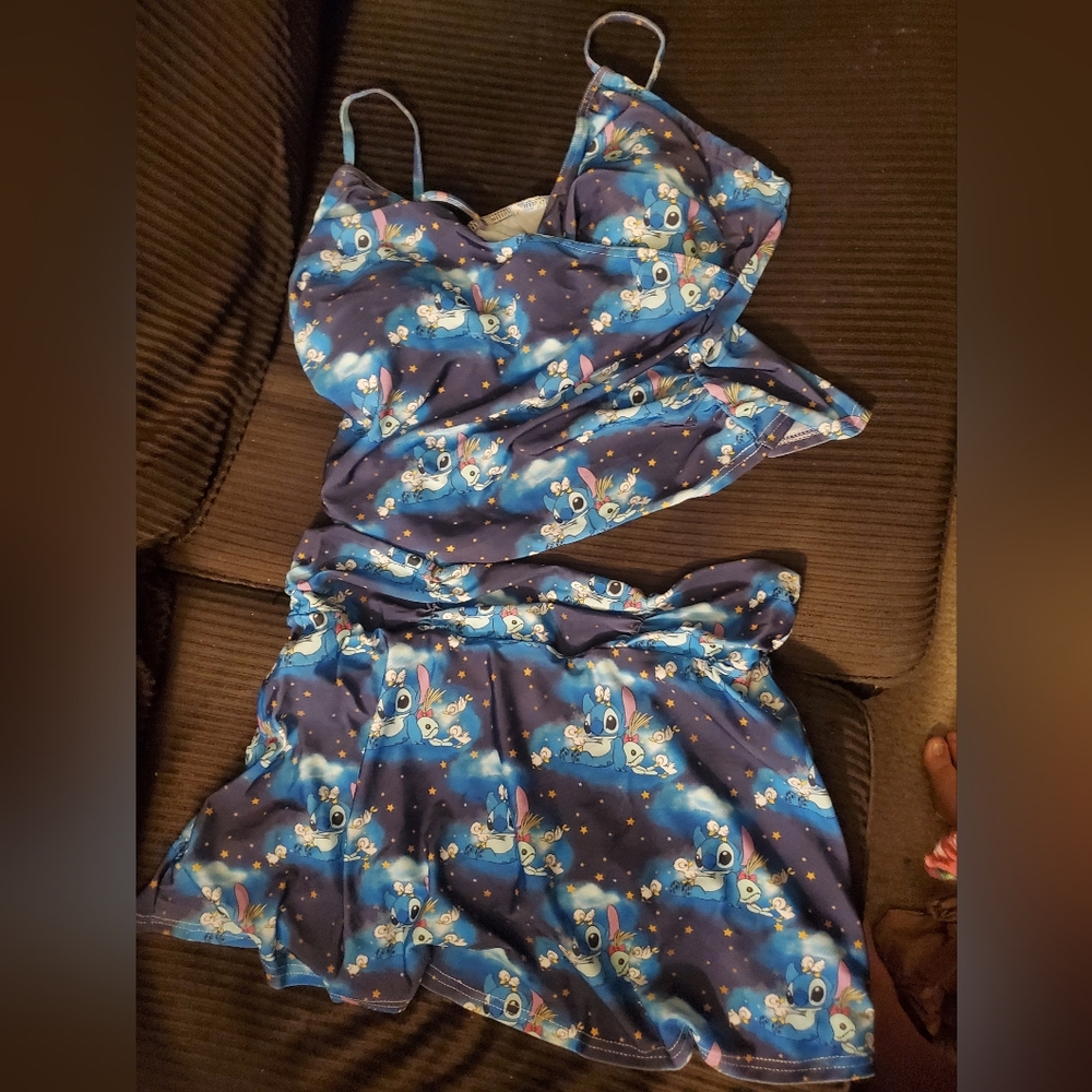 Stitch Disney ducklings swim suit tankini skirt Hawaii tropical tiki print nip 2
